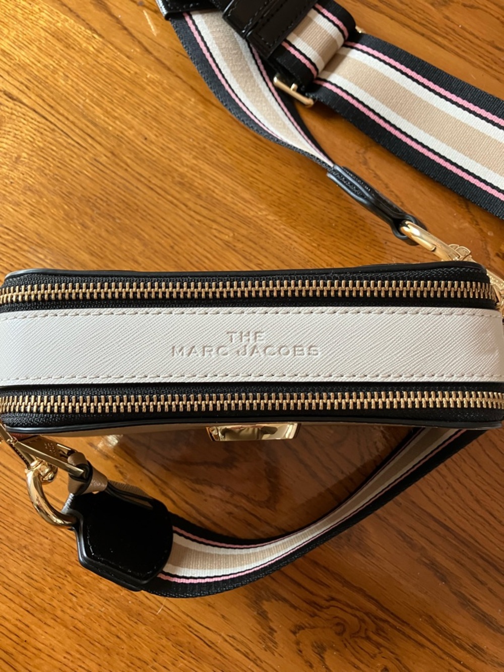Marc Jacobs Tan Pink Ivory Black Snapshot Crossbody Striped Adjustable Strap - Picture 4 of 10